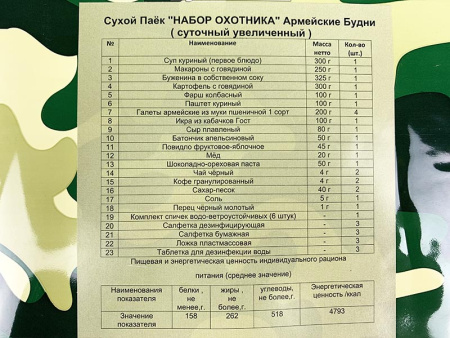 Сухой Паек «НАБОР ОХОТНИКА» ИРП-ТР Армейские Будни (Суточный увеличенный)